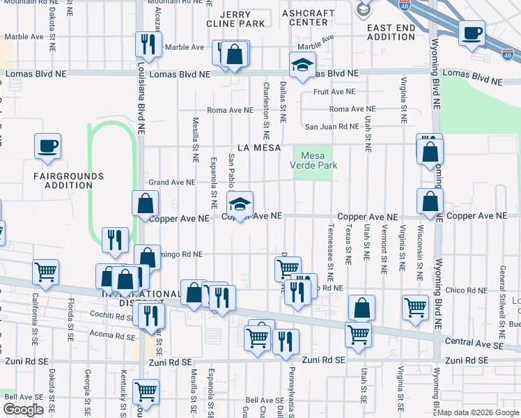 map of restaurants, bars, coffee shops, grocery stores, and more near 406 Grove Street Northeast in Albuquerque