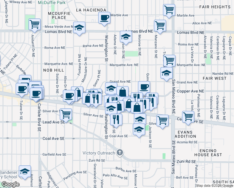 map of restaurants, bars, coffee shops, grocery stores, and more near 205 Adams Street Southeast in Albuquerque