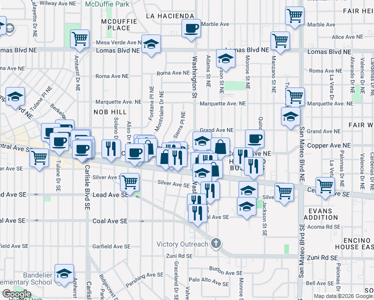 map of restaurants, bars, coffee shops, grocery stores, and more near 4404 Ridgeley Avenue Northeast in Albuquerque