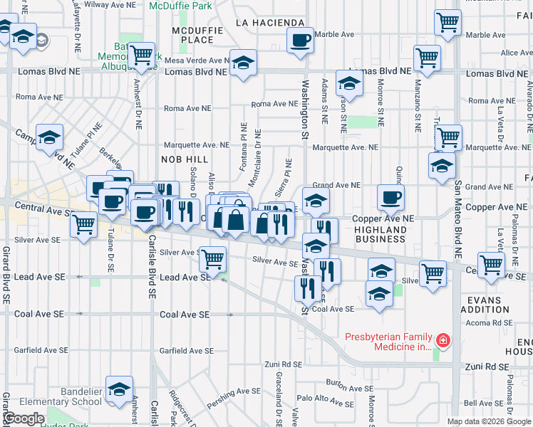 map of restaurants, bars, coffee shops, grocery stores, and more near 4208 Ridgeley Avenue Northeast in Albuquerque