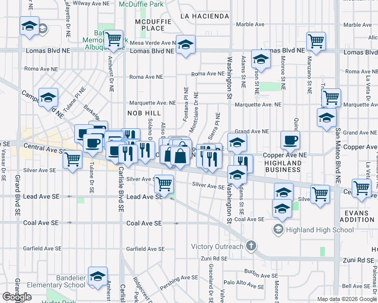 map of restaurants, bars, coffee shops, grocery stores, and more near 4012 Ridgeley Avenue Northeast in Albuquerque