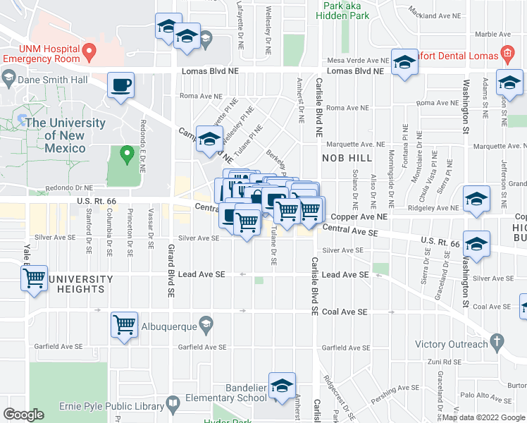 map of restaurants, bars, coffee shops, grocery stores, and more near 3339 Central Avenue Northeast in Albuquerque