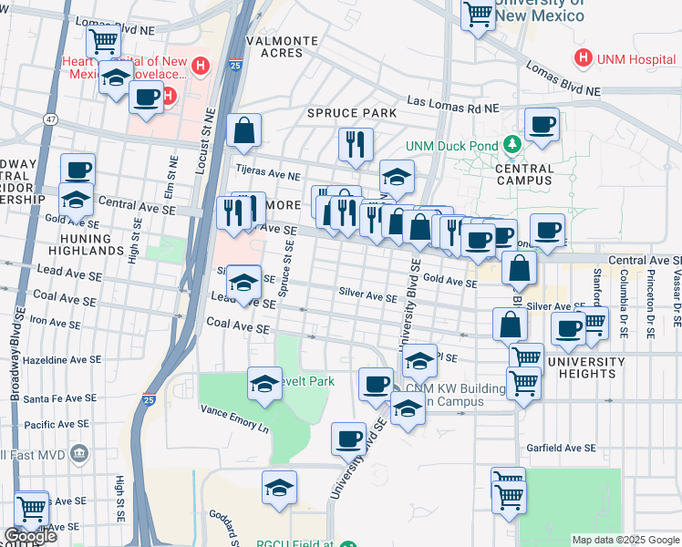 map of restaurants, bars, coffee shops, grocery stores, and more near 202 Maple Street Southeast in Albuquerque