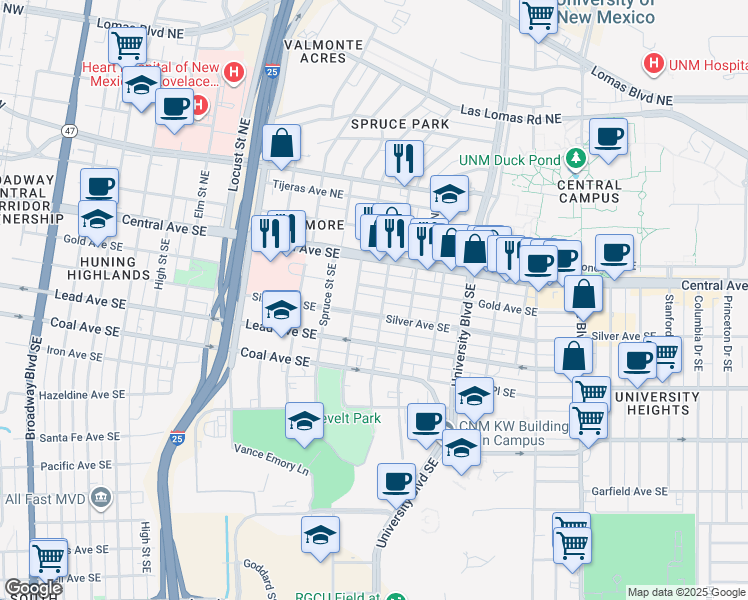 map of restaurants, bars, coffee shops, grocery stores, and more near 202 Maple Street Southeast in Albuquerque