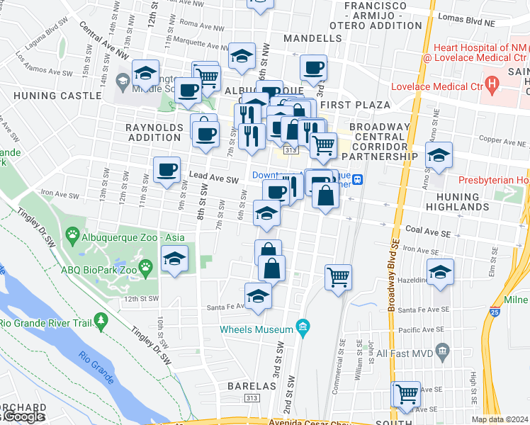 map of restaurants, bars, coffee shops, grocery stores, and more near 400 Coal Avenue Southwest in Albuquerque
