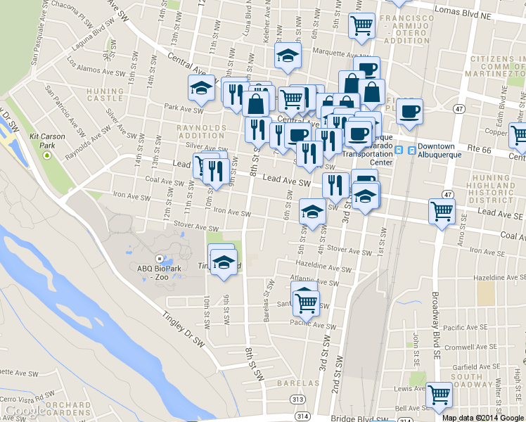 map of restaurants, bars, coffee shops, grocery stores, and more near 514 7th Street Southwest in Albuquerque