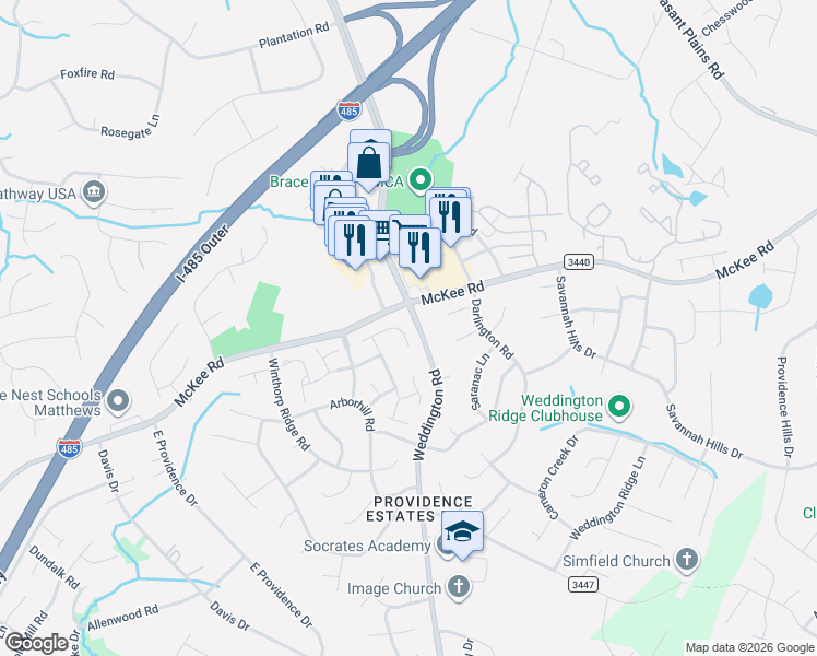 map of restaurants, bars, coffee shops, grocery stores, and more near in Matthews