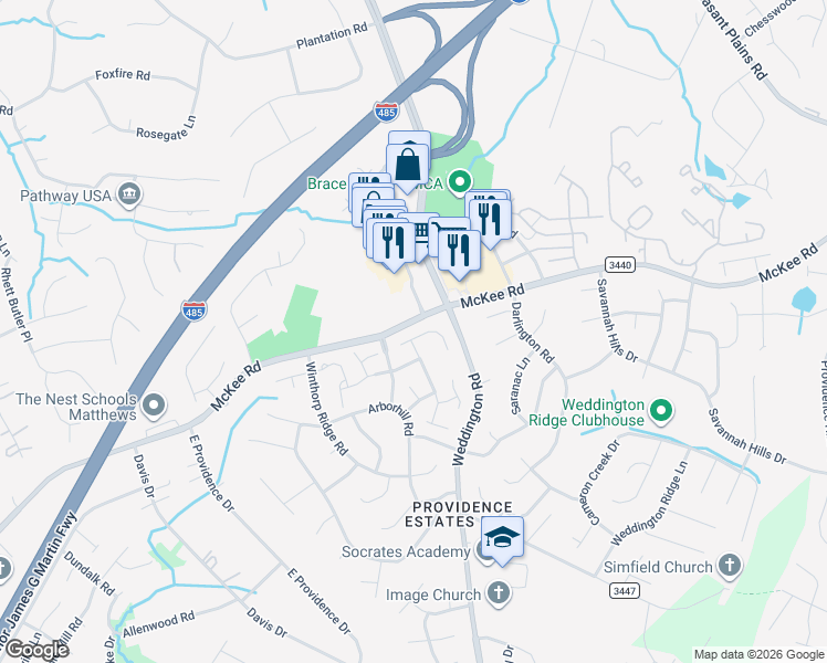 map of restaurants, bars, coffee shops, grocery stores, and more near 3437 Laurenhurst Lane in Charlotte