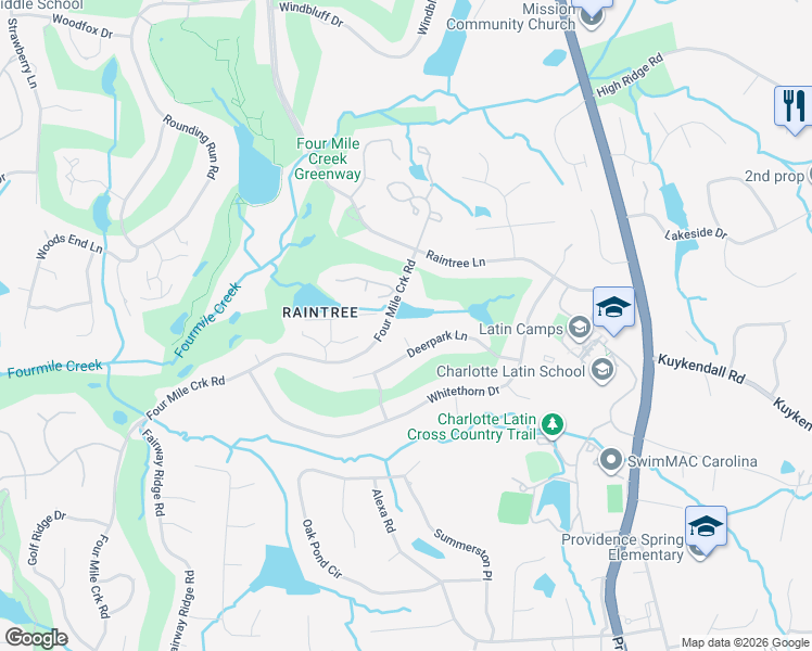 map of restaurants, bars, coffee shops, grocery stores, and more near 9032 Saint Pierre Lane in Charlotte
