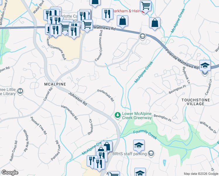 map of restaurants, bars, coffee shops, grocery stores, and more near 11828 Post Ridge Court in Charlotte