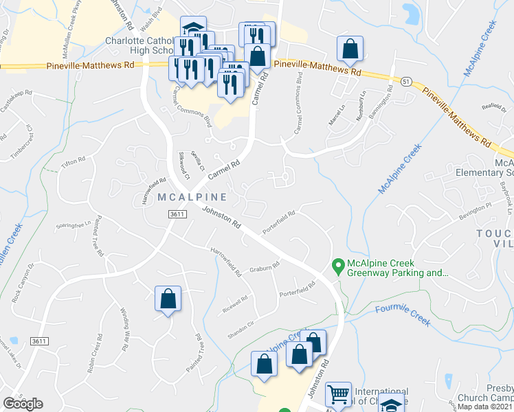 map of restaurants, bars, coffee shops, grocery stores, and more near 11527 Turn Stone Court in Charlotte