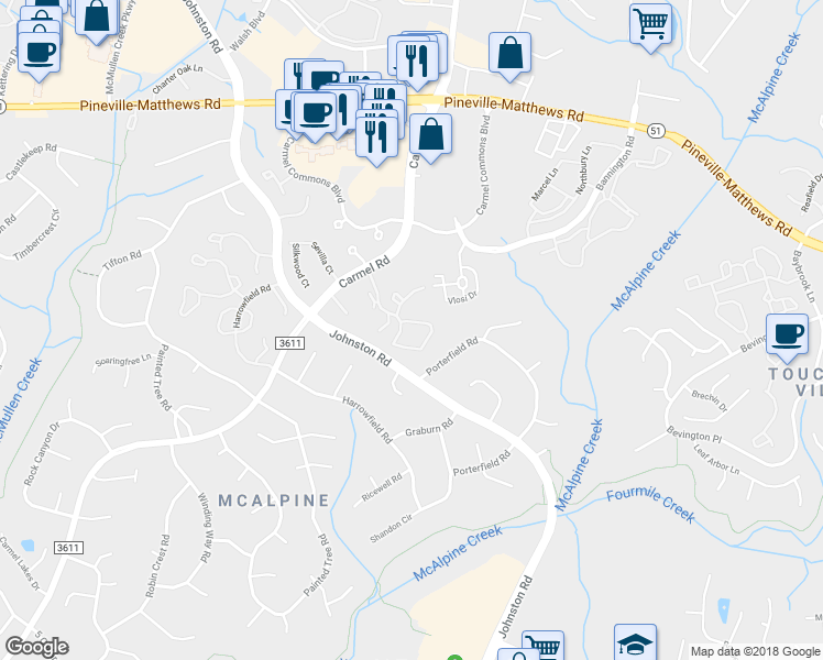map of restaurants, bars, coffee shops, grocery stores, and more near 11527 Turn Stone Court in Charlotte