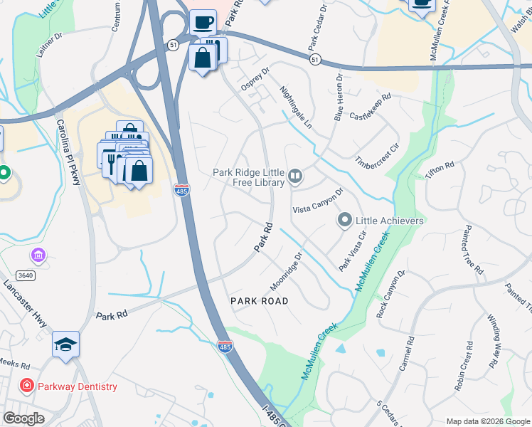 map of restaurants, bars, coffee shops, grocery stores, and more near 11516 Park Road in Charlotte