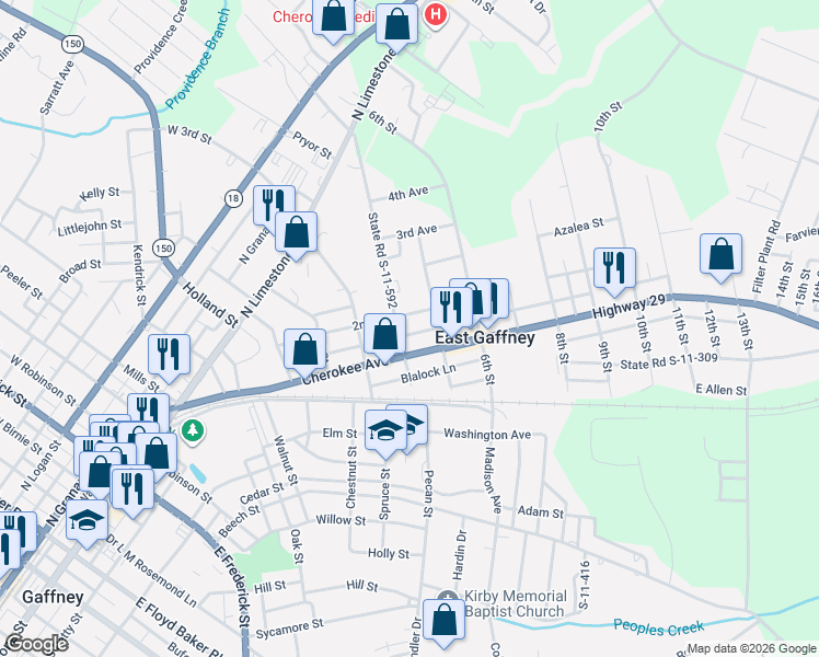 map of restaurants, bars, coffee shops, grocery stores, and more near 509 1st Avenue in Gaffney
