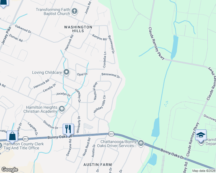 map of restaurants, bars, coffee shops, grocery stores, and more near 7740 Nautical Way in Chattanooga