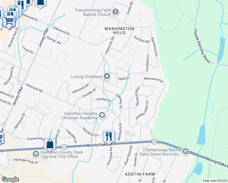 map of restaurants, bars, coffee shops, grocery stores, and more near 6331 Hansley Drive in Chattanooga