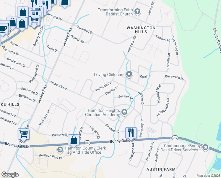 map of restaurants, bars, coffee shops, grocery stores, and more near 7738 Hancock Road in Chattanooga
