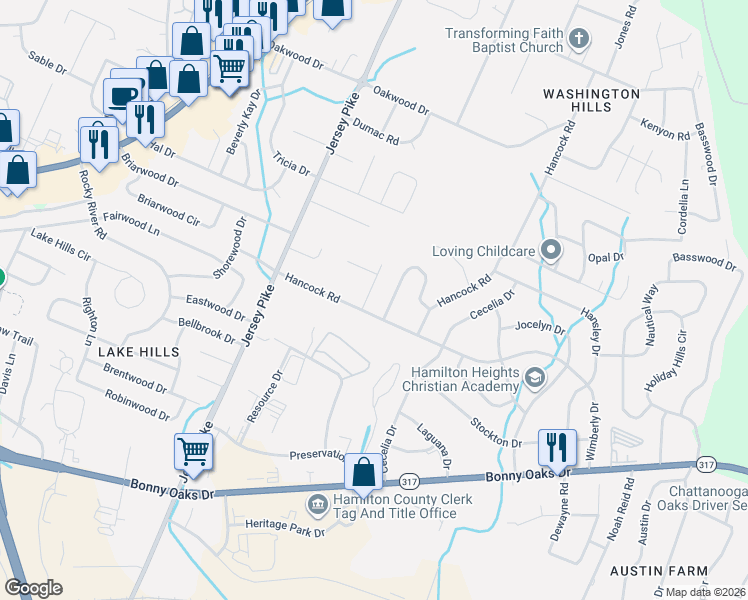 map of restaurants, bars, coffee shops, grocery stores, and more near 4626 Heiskell Drive in Chattanooga