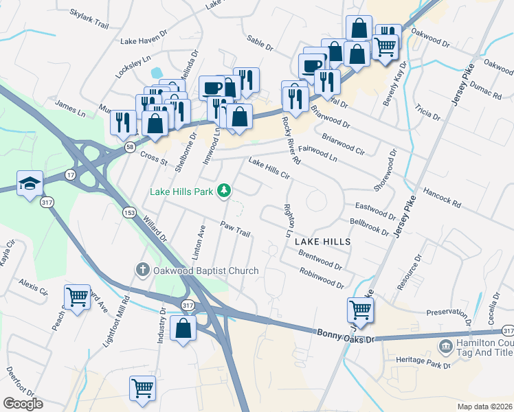 map of restaurants, bars, coffee shops, grocery stores, and more near 4609 Fairbluff Lane in Chattanooga