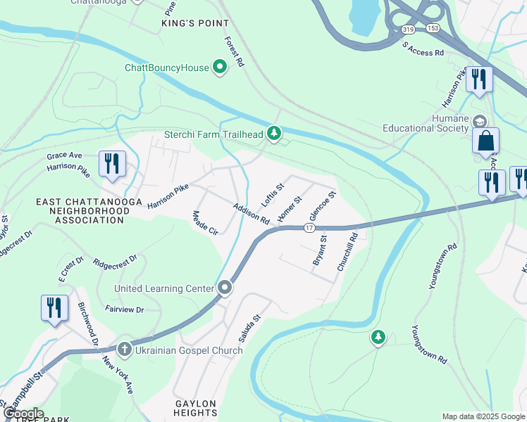 map of restaurants, bars, coffee shops, grocery stores, and more near 2929 Addison Road in Chattanooga