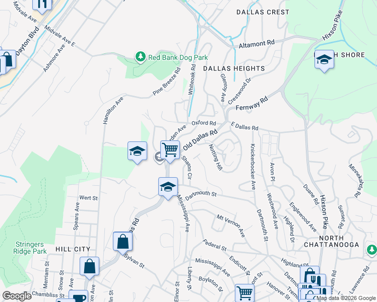 map of restaurants, bars, coffee shops, grocery stores, and more near 715 Old Dallas Road in Chattanooga