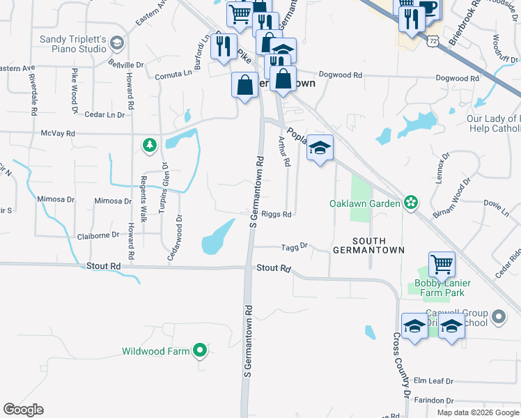 map of restaurants, bars, coffee shops, grocery stores, and more near 7556 Riggs Road in Germantown
