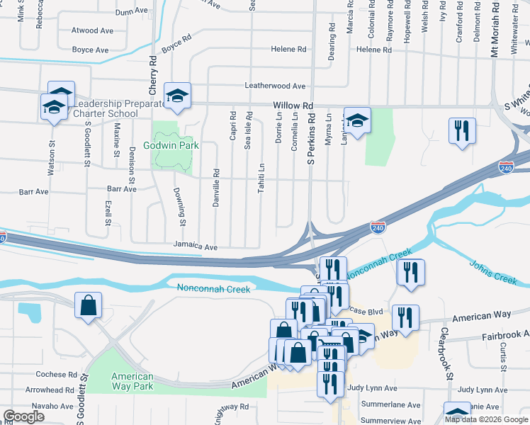 map of restaurants, bars, coffee shops, grocery stores, and more near 1878 Tahiti Lane in Memphis