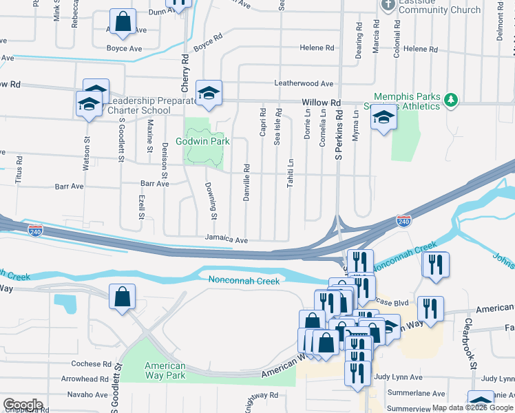 map of restaurants, bars, coffee shops, grocery stores, and more near 1879 Danville Road in Memphis