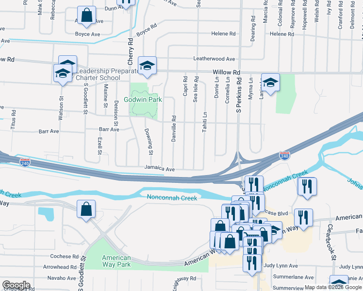 map of restaurants, bars, coffee shops, grocery stores, and more near 1879 Danville Road in Memphis