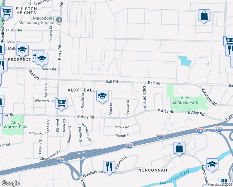 map of restaurants, bars, coffee shops, grocery stores, and more near 2366 Vista Drive in Memphis