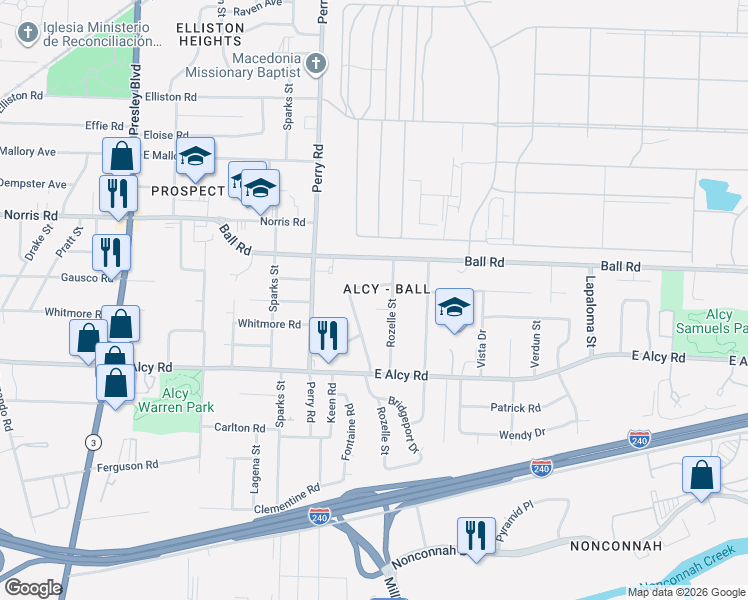 map of restaurants, bars, coffee shops, grocery stores, and more near 2375 Rozelle Street in Memphis