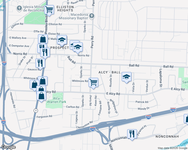 map of restaurants, bars, coffee shops, grocery stores, and more near 2376 Perry Road in Memphis