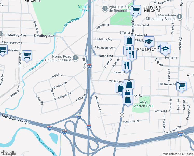 map of restaurants, bars, coffee shops, grocery stores, and more near 2381 Drake Street in Memphis
