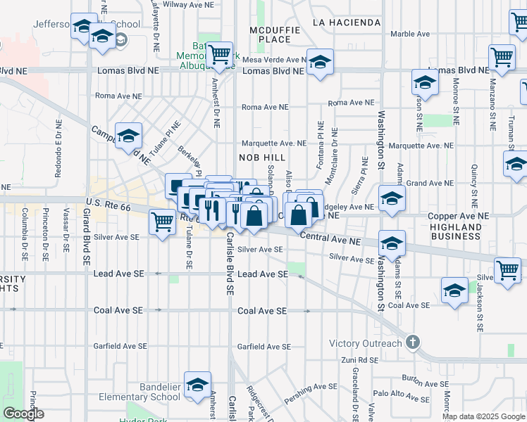 map of restaurants, bars, coffee shops, grocery stores, and more near 206 Solano Drive Northeast in Albuquerque