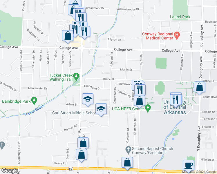 map of restaurants, bars, coffee shops, grocery stores, and more near 2652 Timberpeg Court in Conway