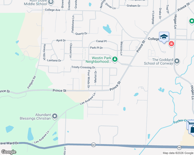 map of restaurants, bars, coffee shops, grocery stores, and more near 180 Merlot Drive in Conway