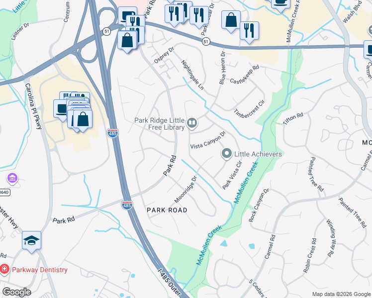 map of restaurants, bars, coffee shops, grocery stores, and more near 7700 Park Vista Circle in Charlotte