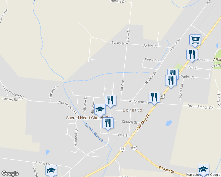 map of restaurants, bars, coffee shops, grocery stores, and more near 109 2nd Avenue North in Loretto