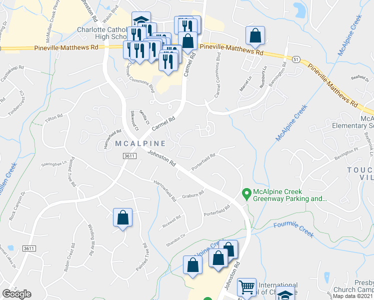 map of restaurants, bars, coffee shops, grocery stores, and more near 11527 Turn Stone Court in Charlotte