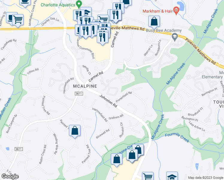 map of restaurants, bars, coffee shops, grocery stores, and more near 11537 Turn Stone Court in Charlotte