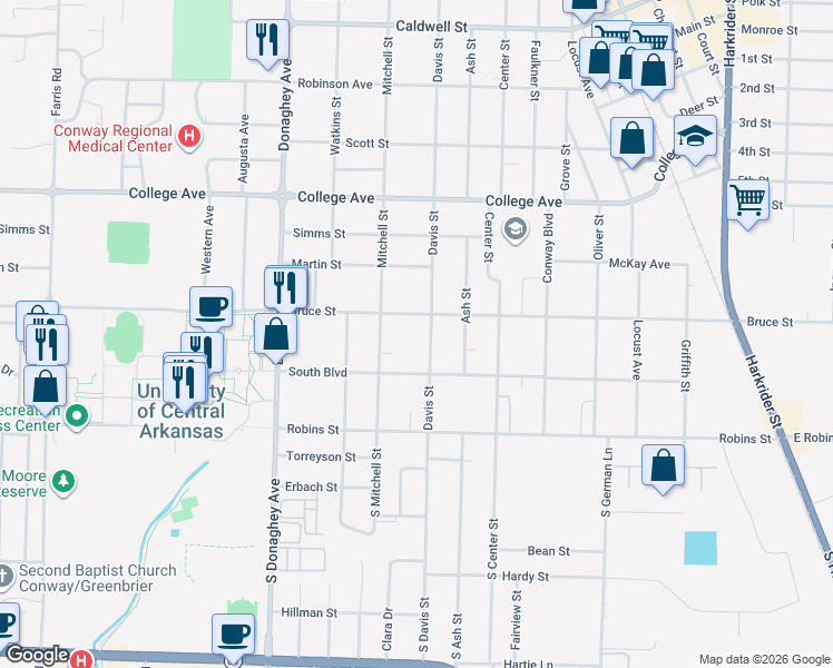 map of restaurants, bars, coffee shops, grocery stores, and more near 1827 Bruce Street in Conway