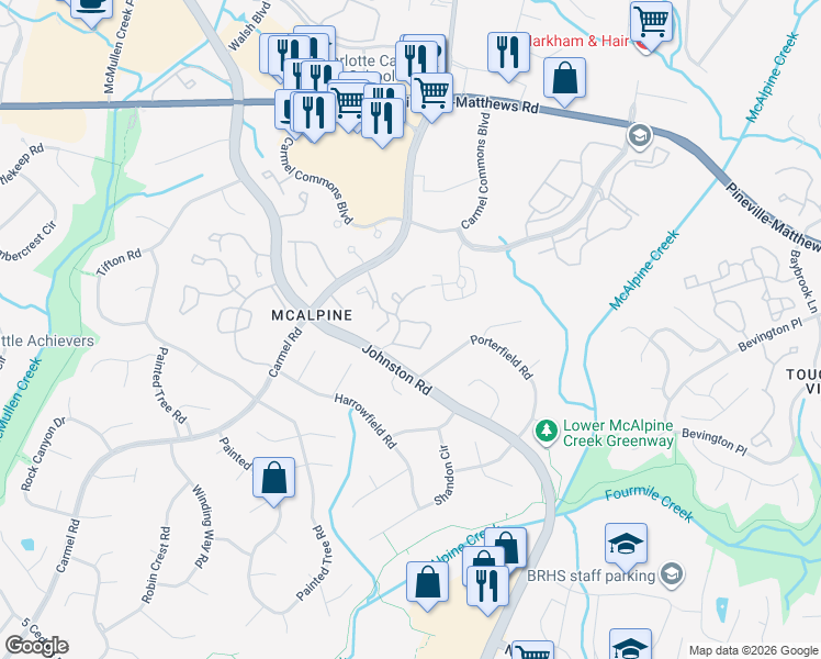 map of restaurants, bars, coffee shops, grocery stores, and more near 11537 Turn Stone Court in Charlotte