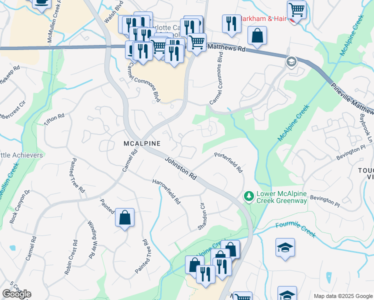 map of restaurants, bars, coffee shops, grocery stores, and more near 11527 Turn Stone Court in Charlotte