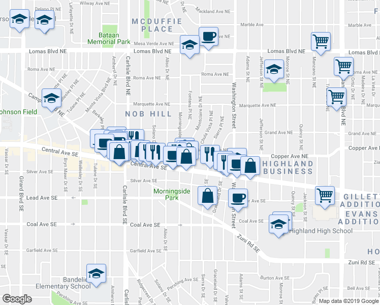 map of restaurants, bars, coffee shops, grocery stores, and more near 4012 Ridgeley Avenue Northeast in Albuquerque