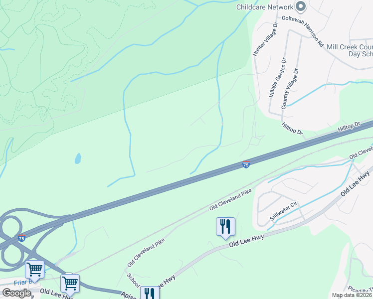 map of restaurants, bars, coffee shops, grocery stores, and more near 5007 Hunter Village Drive in Ooltewah