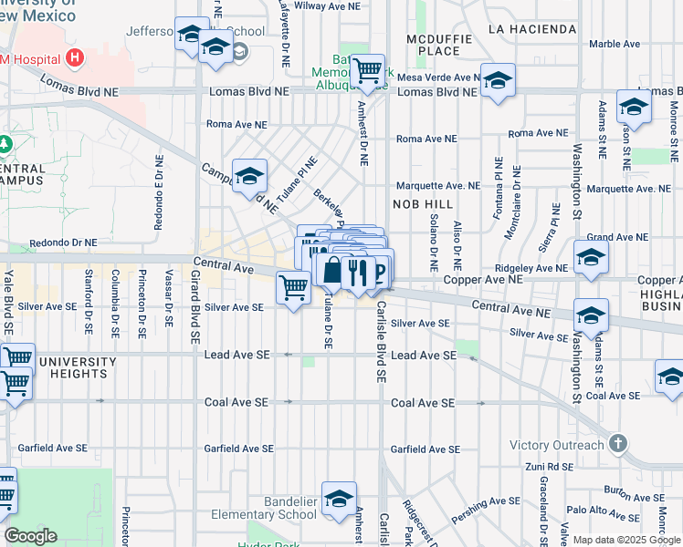 map of restaurants, bars, coffee shops, grocery stores, and more near 3411 Central Avenue Northeast in Albuquerque