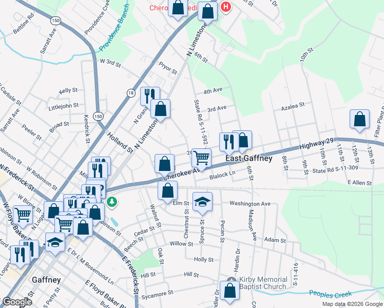 map of restaurants, bars, coffee shops, grocery stores, and more near 203 East 3rd Street in Gaffney