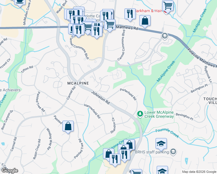 map of restaurants, bars, coffee shops, grocery stores, and more near 11527 Turn Stone Court in Charlotte