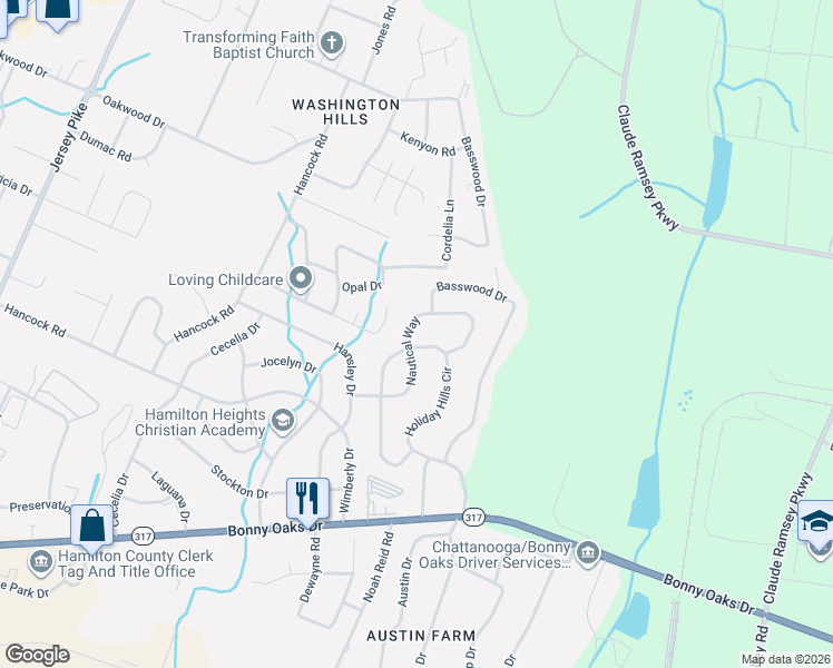 map of restaurants, bars, coffee shops, grocery stores, and more near 7726 Nautical Way in Chattanooga