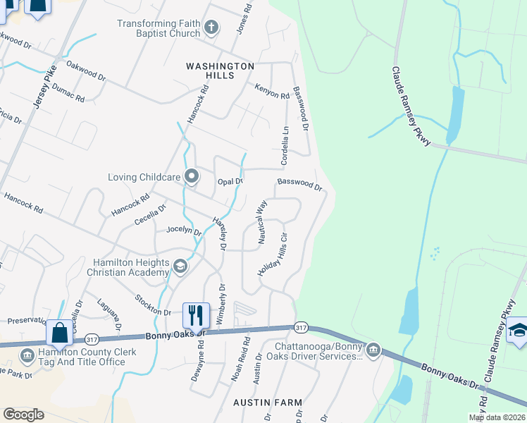 map of restaurants, bars, coffee shops, grocery stores, and more near 7726 Nautical Way in Chattanooga